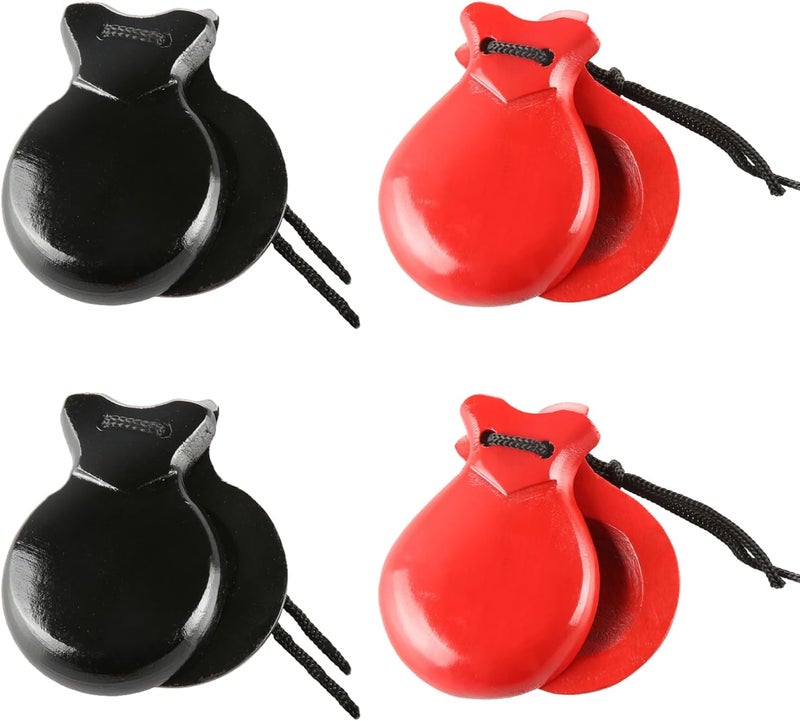 Corbekel 2 Pairs Spanish Castanets with String, Traditional Spanish Flamenco Castanets for Adults, Wooden Musical Percussion Instruments for Beginners(RED+BLACK) - Image 1